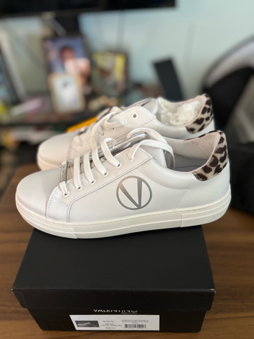 Valentino White Sneakers with Leopard-Print Heel Accent